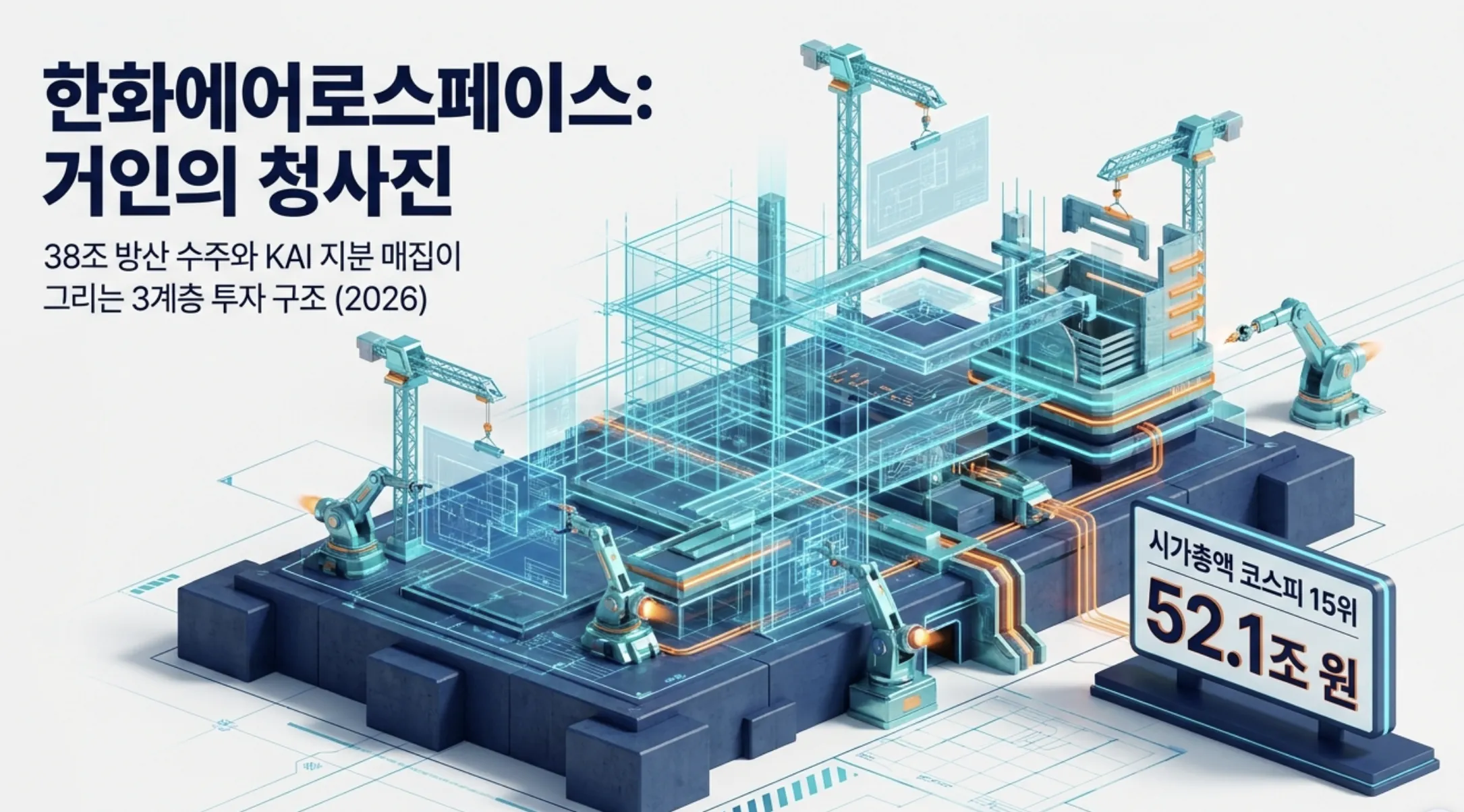 한화에어로스페이스 주가 전망과 KAI 지분 매집을 거인의 청사진으로 표현한 대표 이미지. 건설 중인 구조물과 로봇팔, 시가총액 코스피 15위 52.1조 원 표지판이 38조 방산 수주잔고와 KAI 지분 매집이 그리는 3계층 투자 구조를 시각적으로 전달하며, 블로그의 한화에어로스페이스 주가 전망과 목표주가 분석 주제와 관련된 내용을 설명함