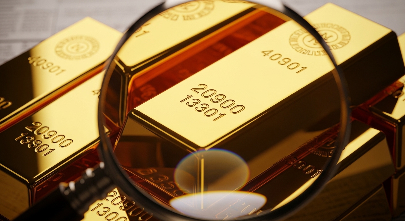 금괴와 돋보기가 놓여있는 이미지: 금 투자의 유의사항을 신중하게 살펴보는 것을 상징