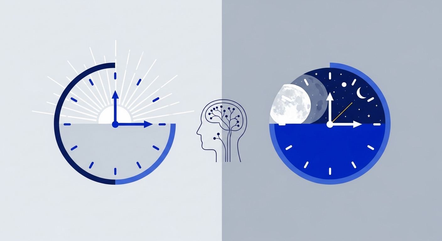 서로 다른 시간을 가리키는 두 개의 시계와 뇌 이미지로, 타고난 생체 시계인 크로노타입의 개념을 시각적으로 나타냅니다.