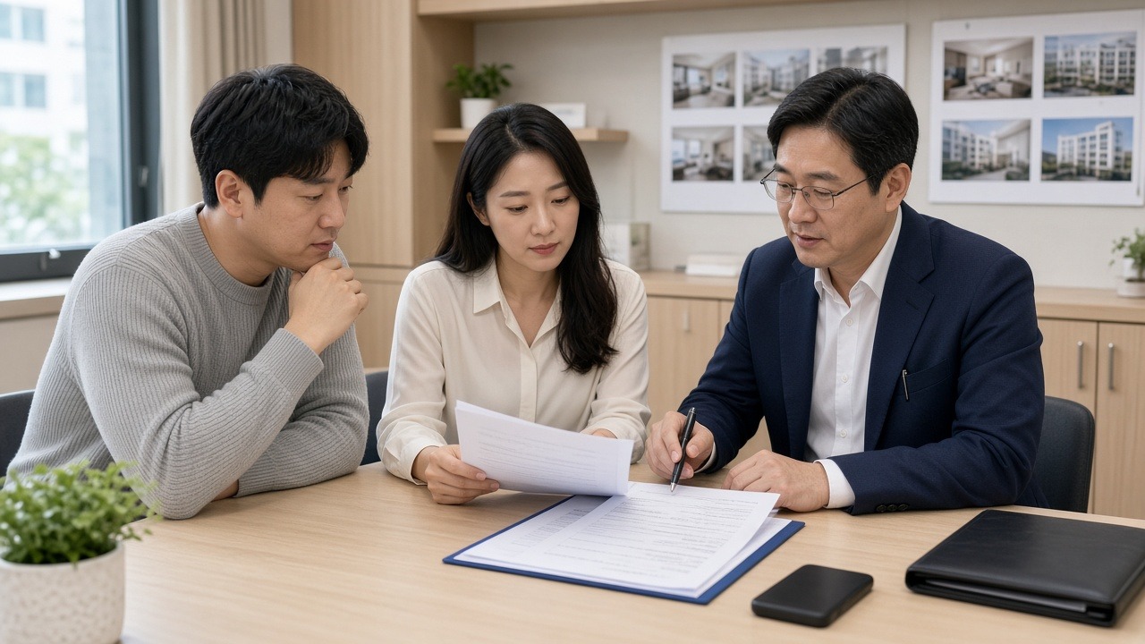깔끔한 부동산 사무실에서 공인중개사와 함께 전세 계약서를 검토하는 30대 한국인 신혼부부