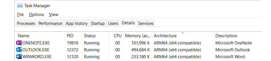 Windows Task Manager 세부 정보 탭 Architecture 열에 표시된 ARM64 (x64 compatible) &mdash; 출처: Microsoft Learn