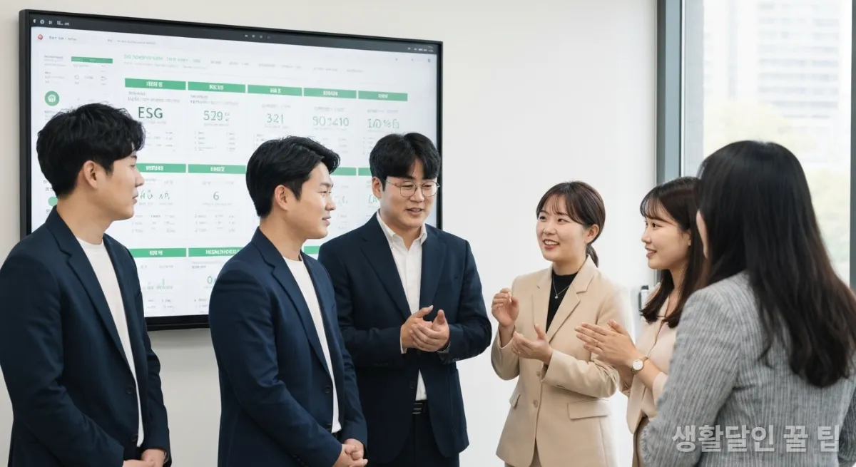 ESG 지표를 보며 친환경 투자 전략을 논의하는 한국인 기업가들
