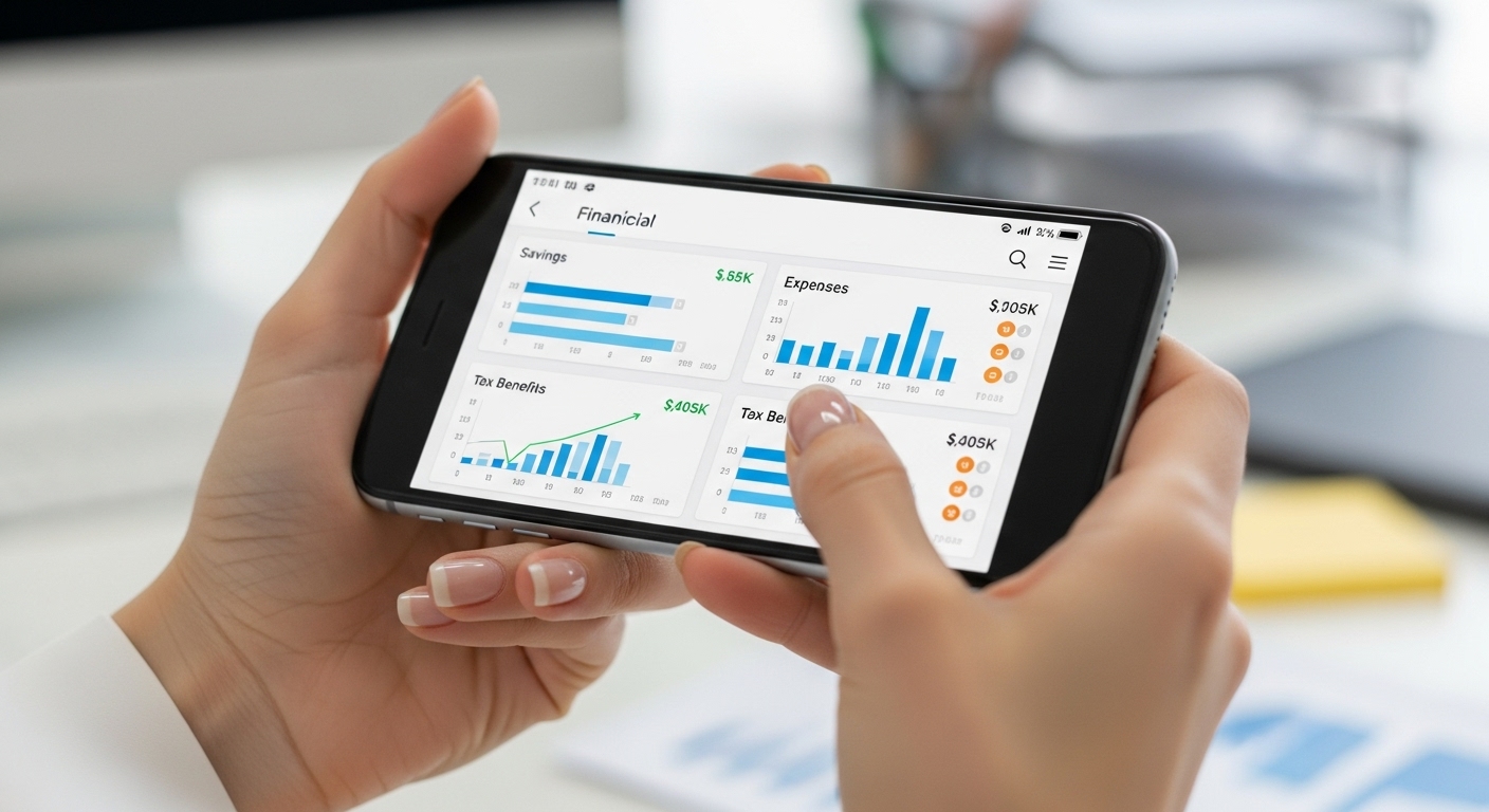 스마트폰 앱으로 소비 내역을 확인하며 절세 계획을 세우는 한국인 여성의 손과 재정 관리 화면.