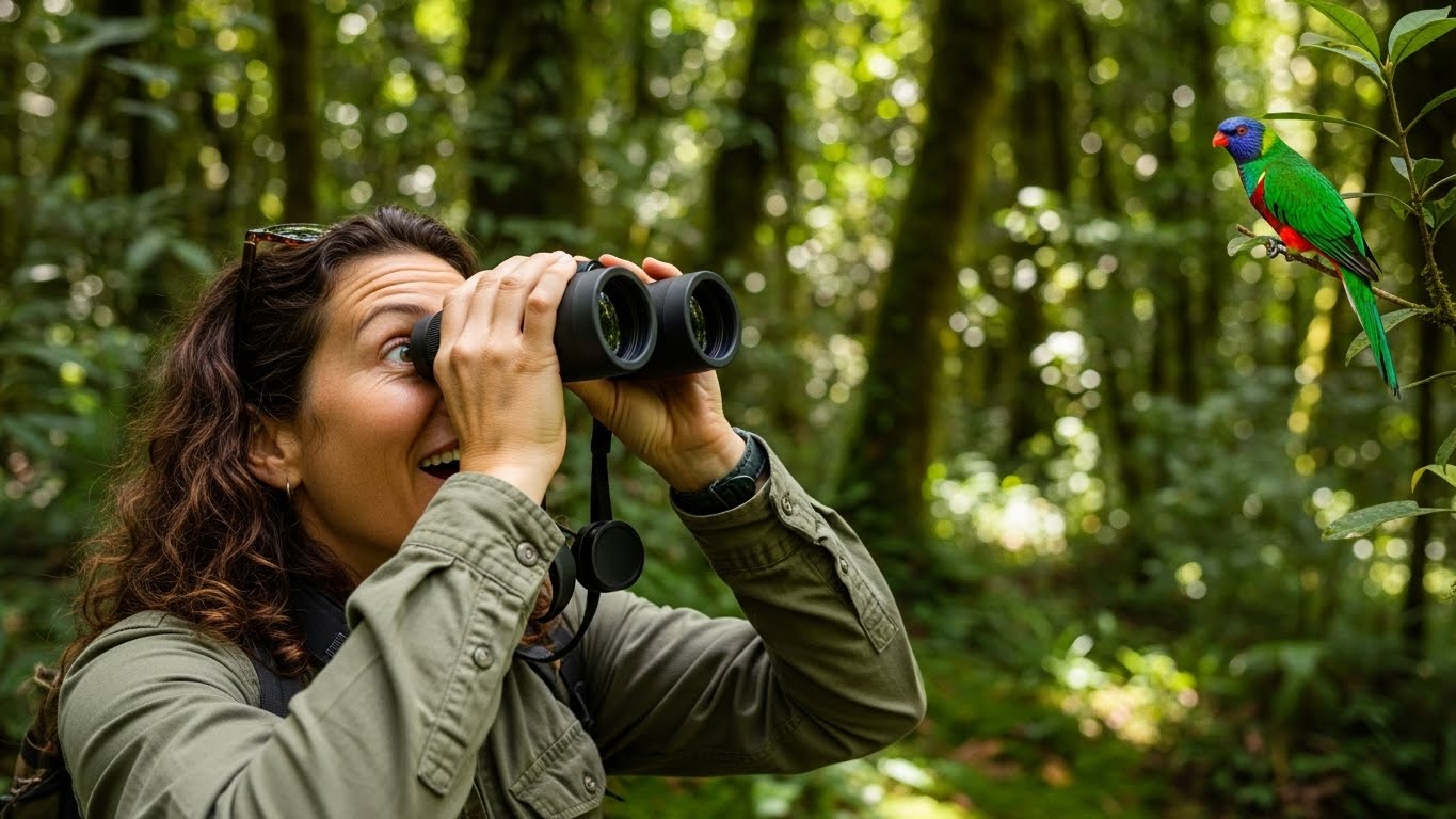 A person looking through binoculars in a green forest, looking surprised and happy as they spot a colorful bird. The concept of 'finding' or 'spotting'.