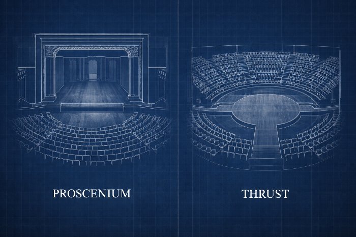 프로시니엄 무대와 추력 무대의 구조적 차이를 보여주는 비교 도면