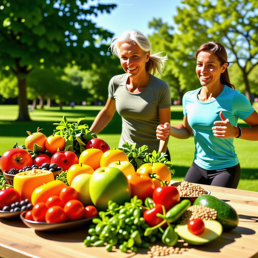 신선한 과일 운동하는 중년 여성 이미지