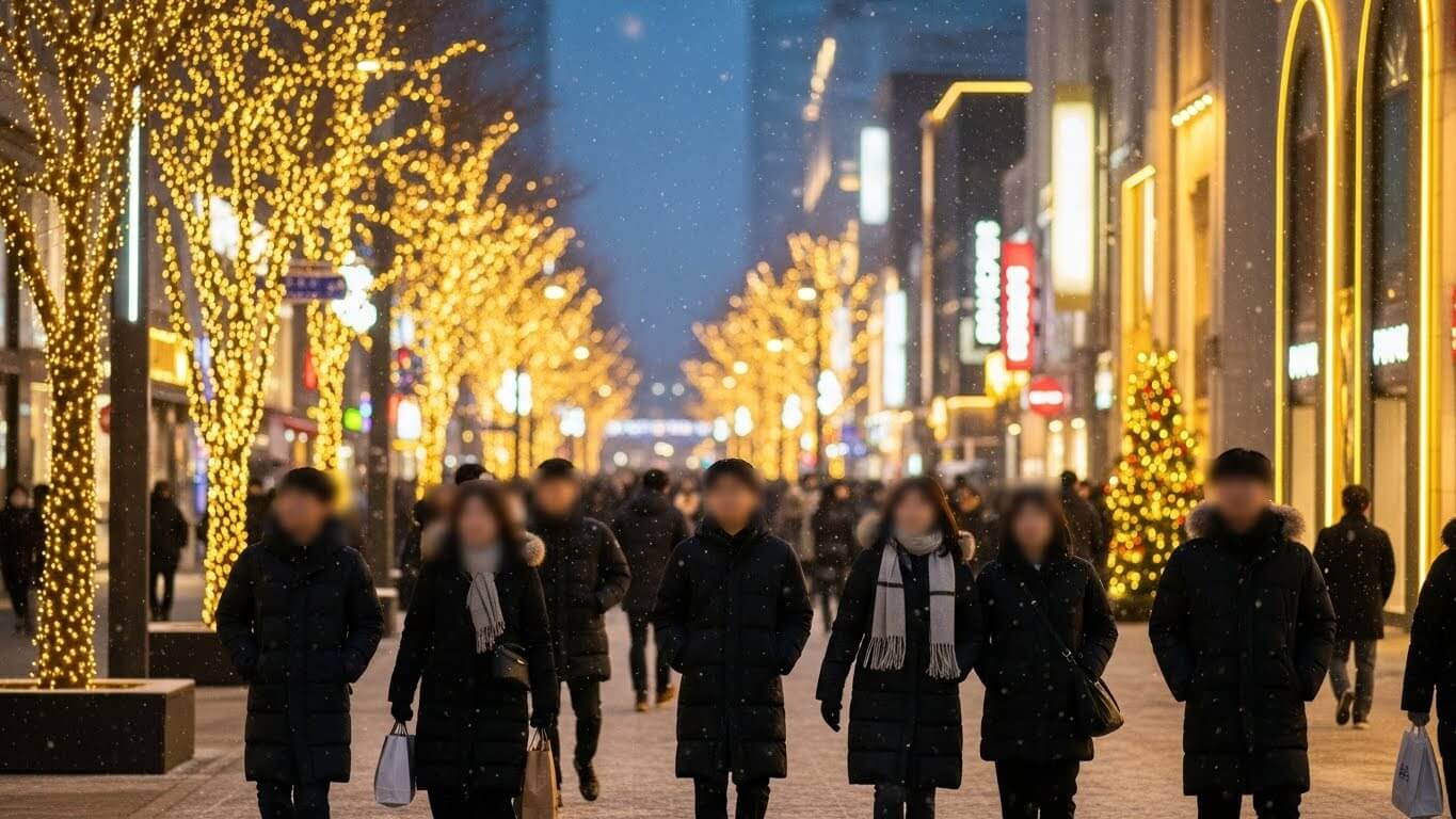 크리스마스 시즌을 맞아 조명으로 밝혀진 도심 거리에서 겨울 옷을 입은 사람들이 산책하는 모습