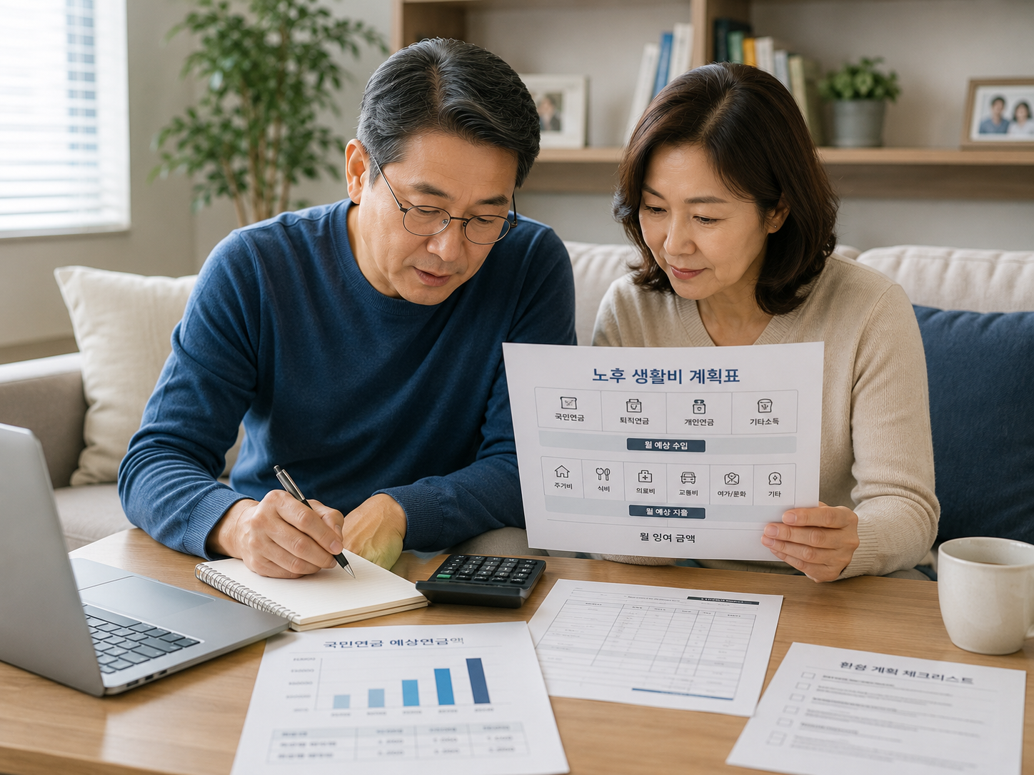 거실에서 국민연금&middot;퇴직연금&middot;개인연금을 합산해 노후생활비를 계획하는 부부