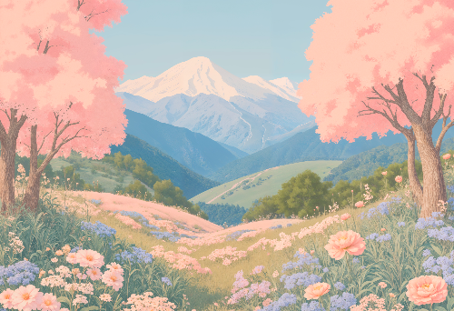 뒤에는 설산 앞에는 벚꽃과 들꽃이 가득핀 봄을 나타낸 일러스트