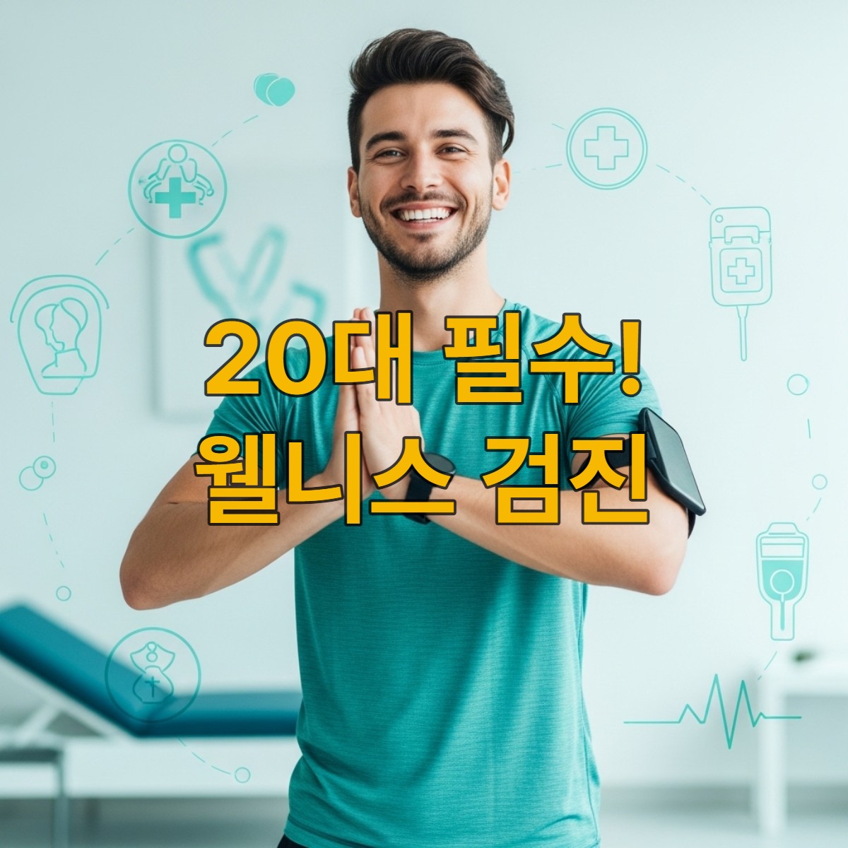 활기찬 20대가 건강한 미소를 지으며 요가를 하는 모습, 주변에 웰니스와 건강검진을 상징하는 밝고 깨끗한 요소들이 어우러져 젊은층의 예방적 건강 관리를 강조합니다.
