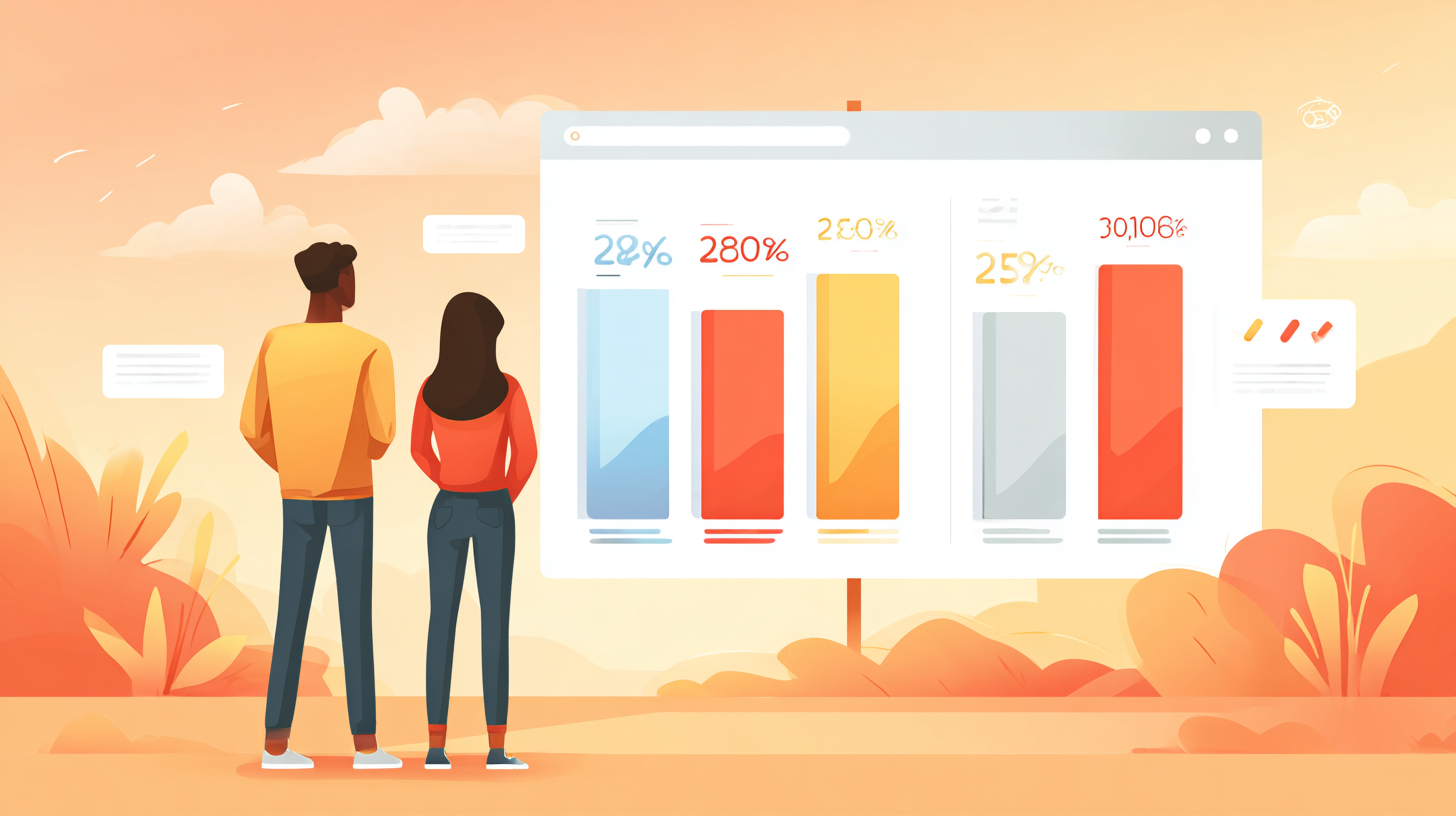 2024년과 2025년 소비 실적을 비교하는 큰 화면 앞에서 한국인 부부가 그래프를 바라보는 장면