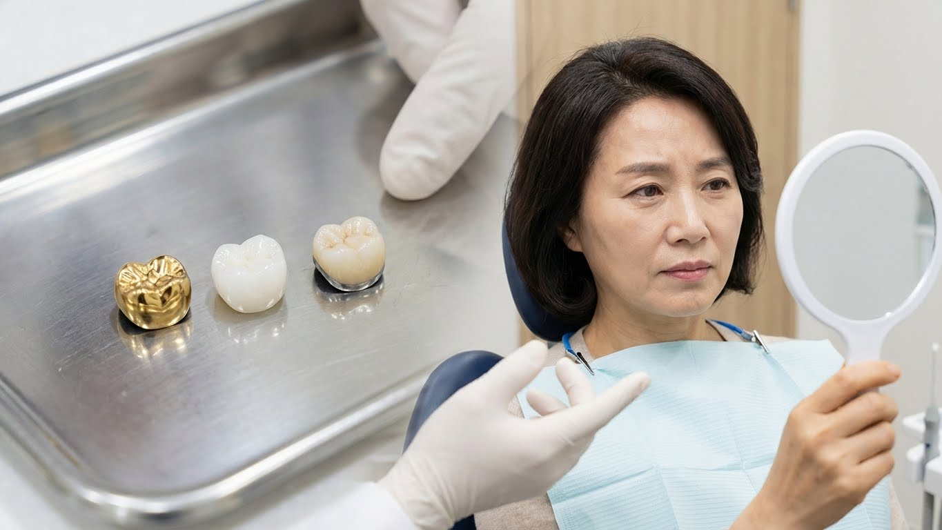치과 진료대 위에 놓인 3가지 크라운 샘플 사진
