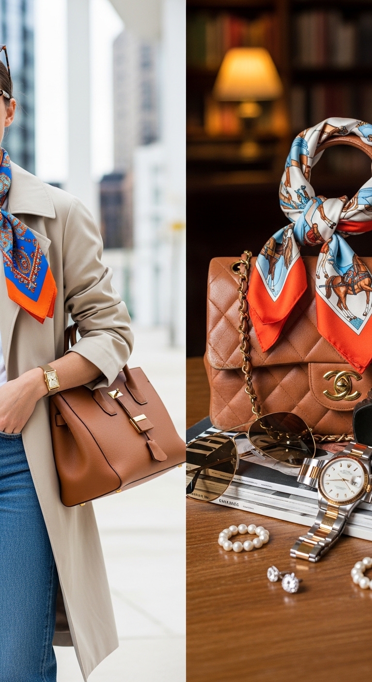A classic leather watch and a high-end black leather handbag placed on a marble table, minimalist accessories, luxury and simple mood, top-down view, soft shadows