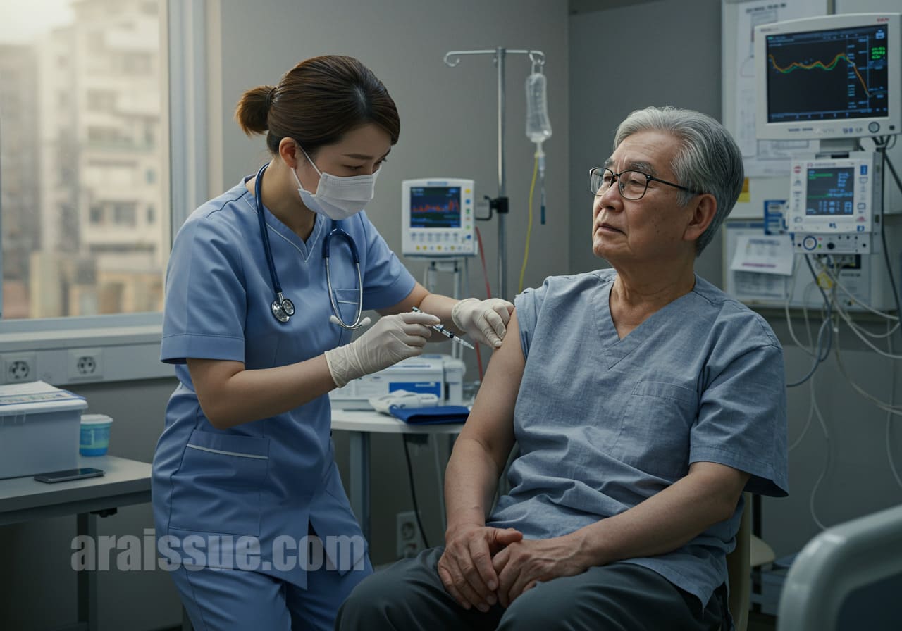 폐렴 예방접종을 받는 고령자의 모습. 예방접종을 통해 의료비 절감을 실현하는 장면.
