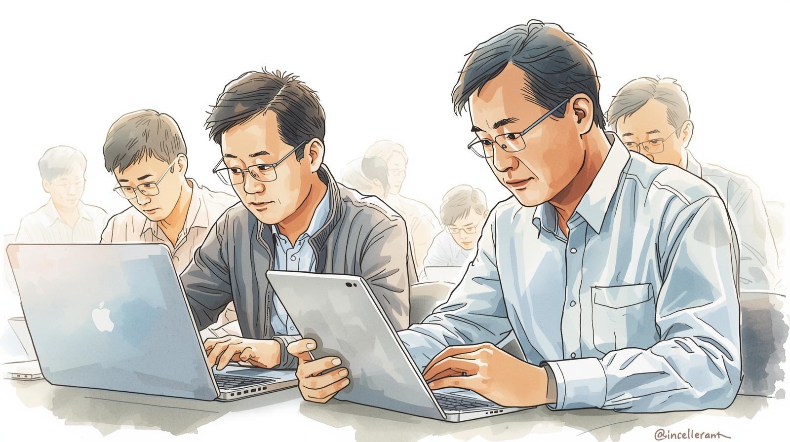 "AI 시대에 '나이가 많아 배울 수 없다'는 생각을 버리고, 자신의 숙련된 경험에 새로운 기술을 더하기 위해 학습에 몰두하는 중장년층의 모습입니다."