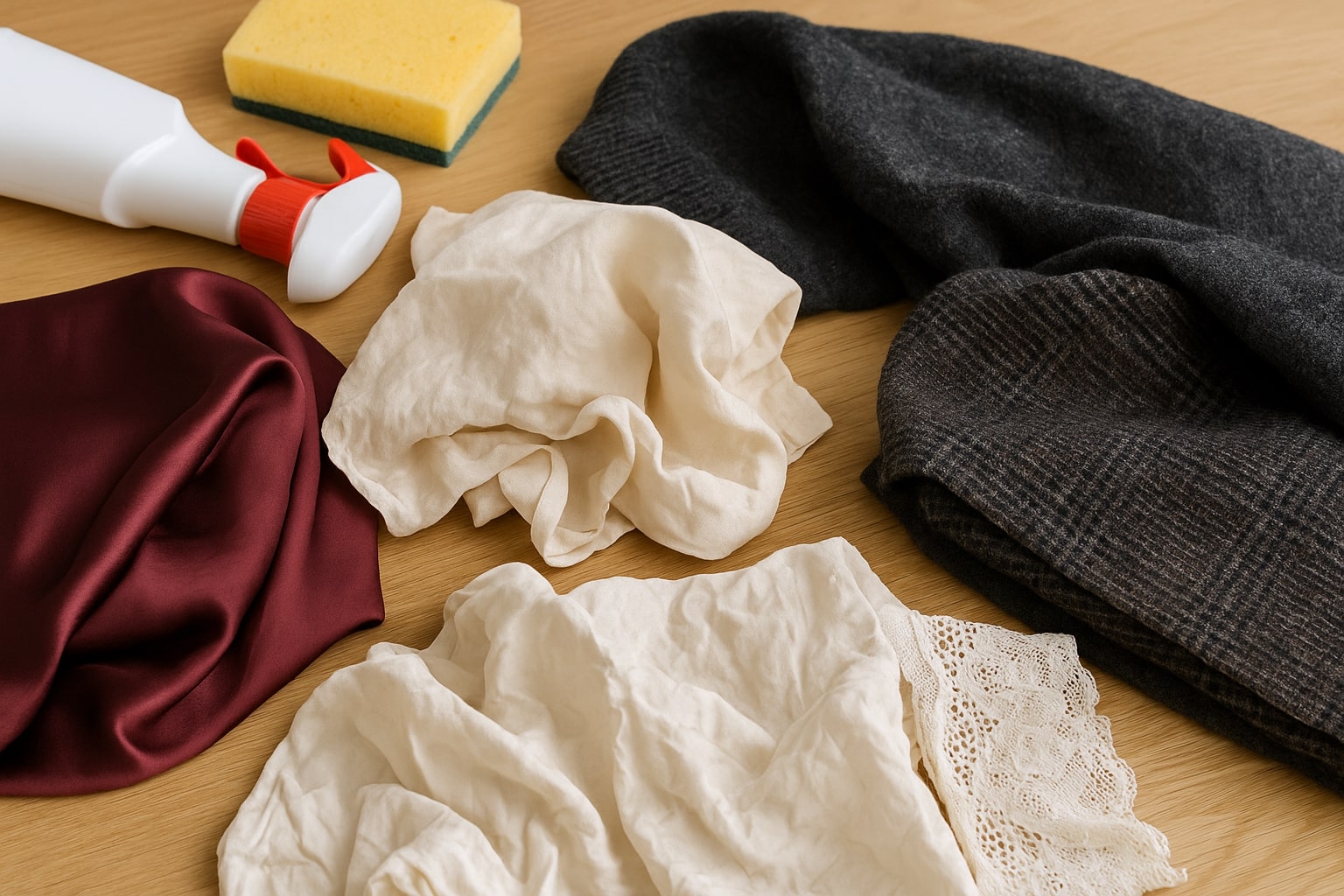 잘못 선택된 원단들이 테이블 위에 무질서하게 놓인 이미지