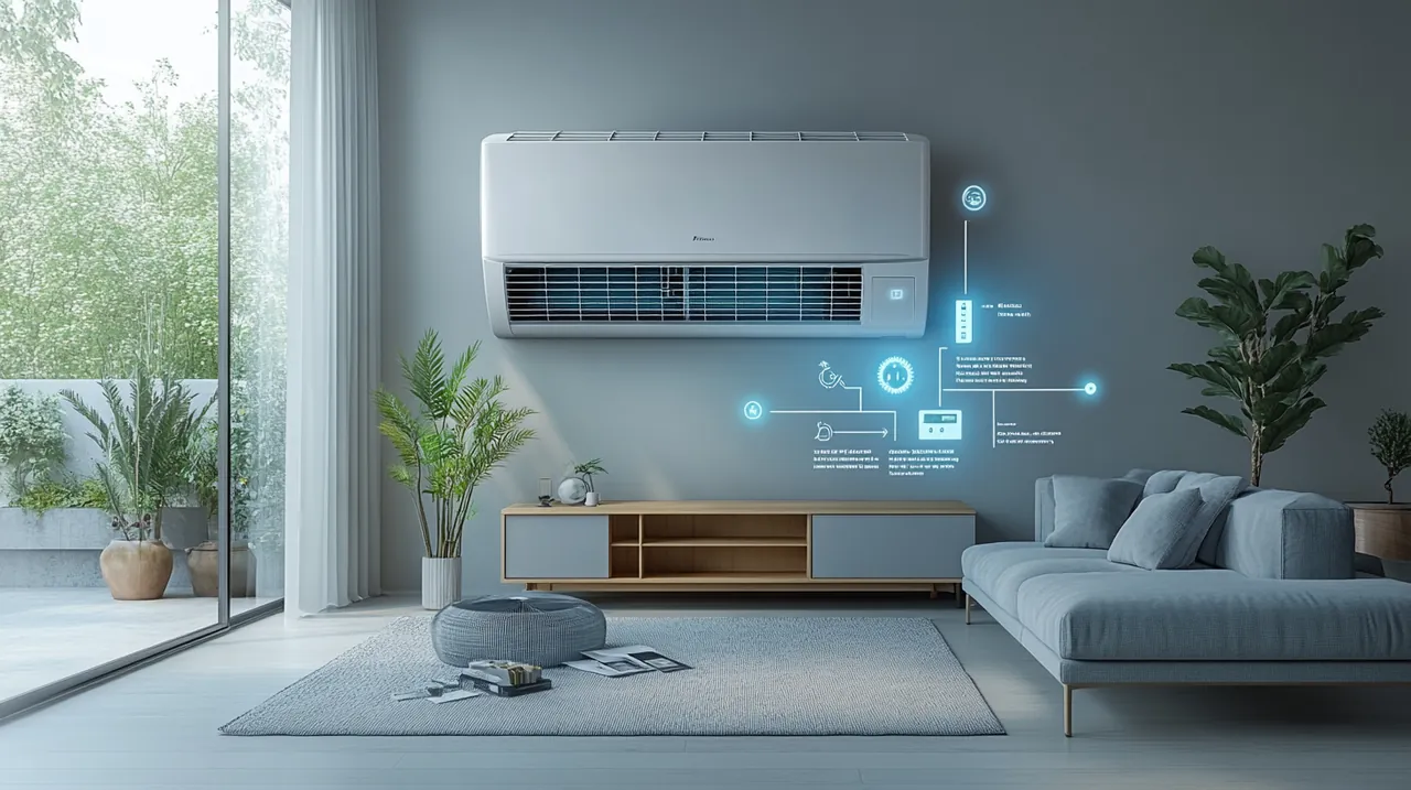 미니멀리스트 거실에서 신형 인버터 에어컨의 경제적 장점과 에너지 절약 보조금을 강조한 이미지