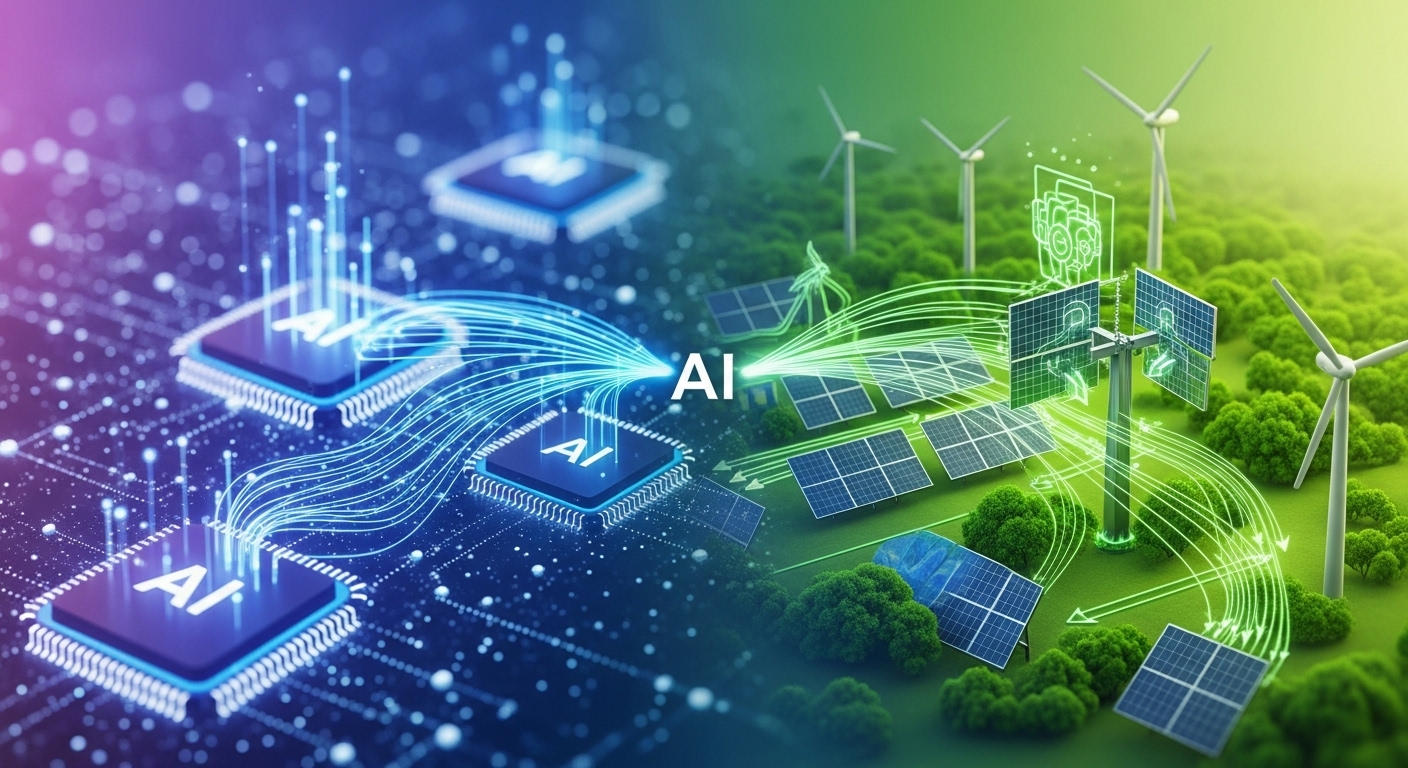 인공지능(AI) 기술이 스마트 그리드를 통해 친환경 에너지의 효율을 최적화하는 모습을 형상화한 이미지.