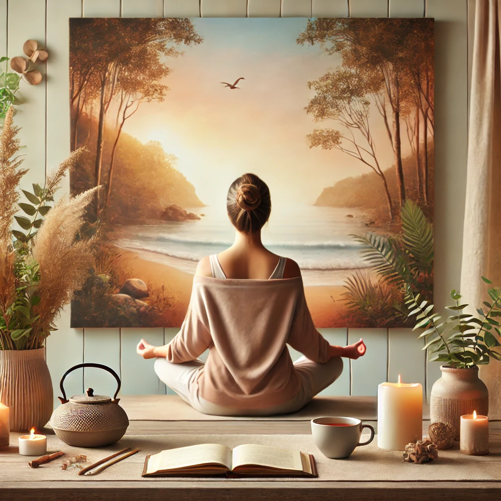 "명상하는 사람, 마음 챙김, 스트레스 해소, 깊은 호흡, 자연 속 명상, 힐링 공간, 편안한 분위기, 아로마 테라피, 차분한 실내 공간, 감성적인 조명, 감사일기, 차 한 잔, 명상 루틴, 명상 음악, 아침 명상, 저녁 명상, Mindfulness Meditation, Deep Breathing, Stress Relief, Tranquil Atmosphere, Relaxing Ambiance, Aromatherapy, Candlelight Meditation, Gratitude Journal, Herbal Tea, Mental Wellness, Inner Peace, Self-Care Routine"