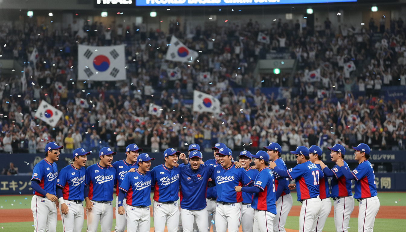 2026 WBC 한국 야구 대표팀 선수들이 경기장에서 파이팅을 외치며 결의를 다지고 있는 모습과 배경의 응원하는 관중들