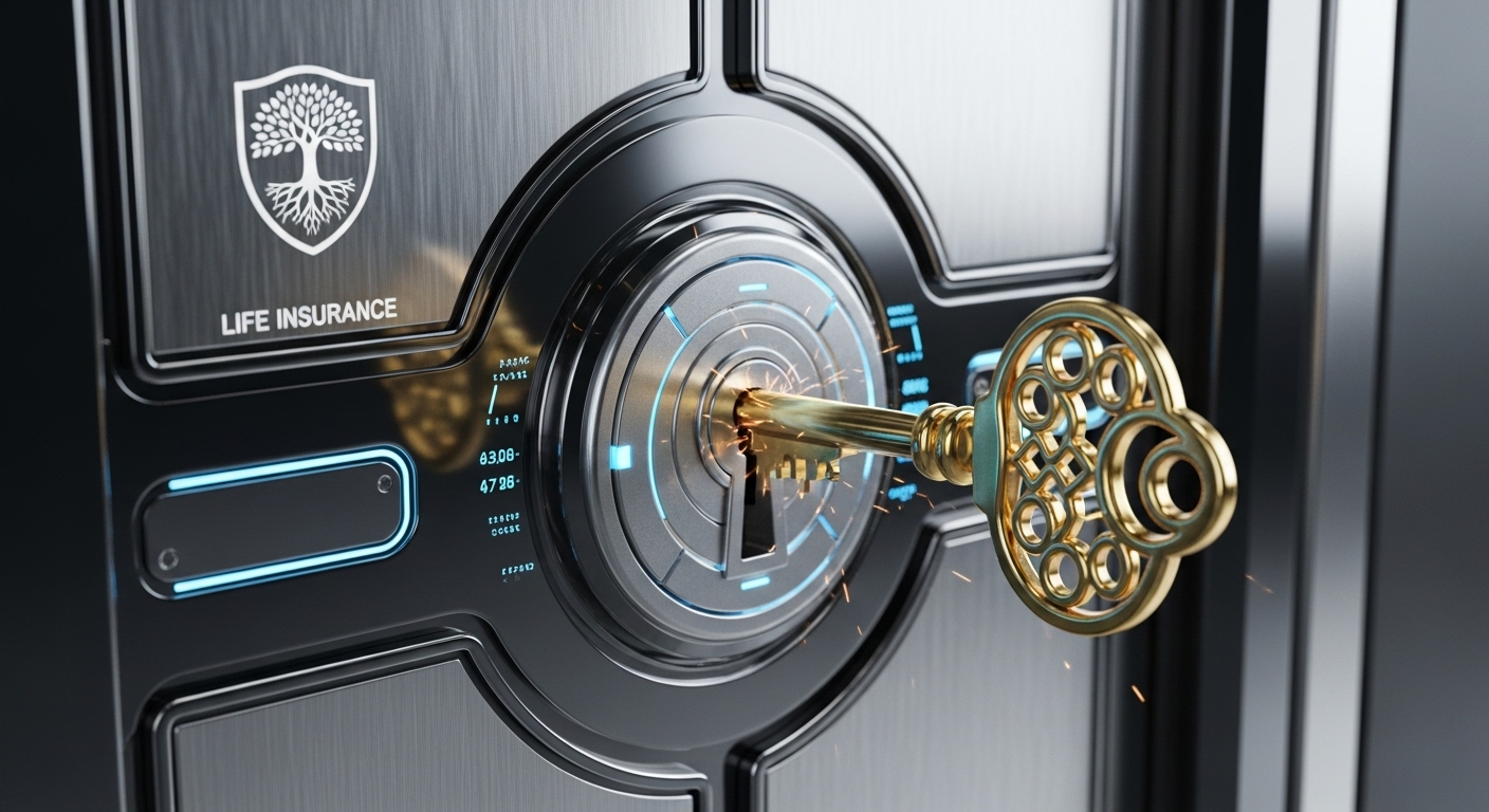 황금색 열쇠가 보험금 금고를 열고 있는 모습