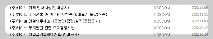 하이브 공시 목록