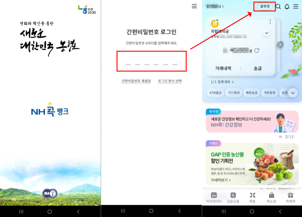 NH콕뱅크 홈 모드 변경방법