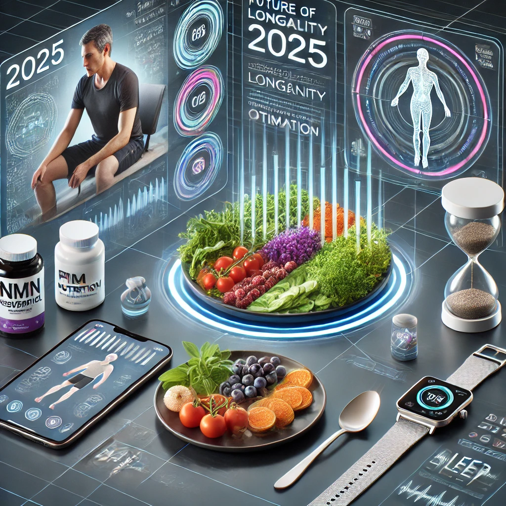 수명 연장과 건강 혁신을 상징하는 콜라주: AI 건강 앱, 건강한 식단, 운동하는 사람, 수면 모니터링 등 포함