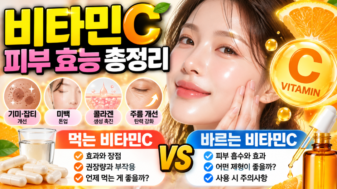 비타민C 피부 효능 총정리|기미·잡티·미백·콜라겐·주름 개선·먹는 비타민C vs 바르는 비타민C