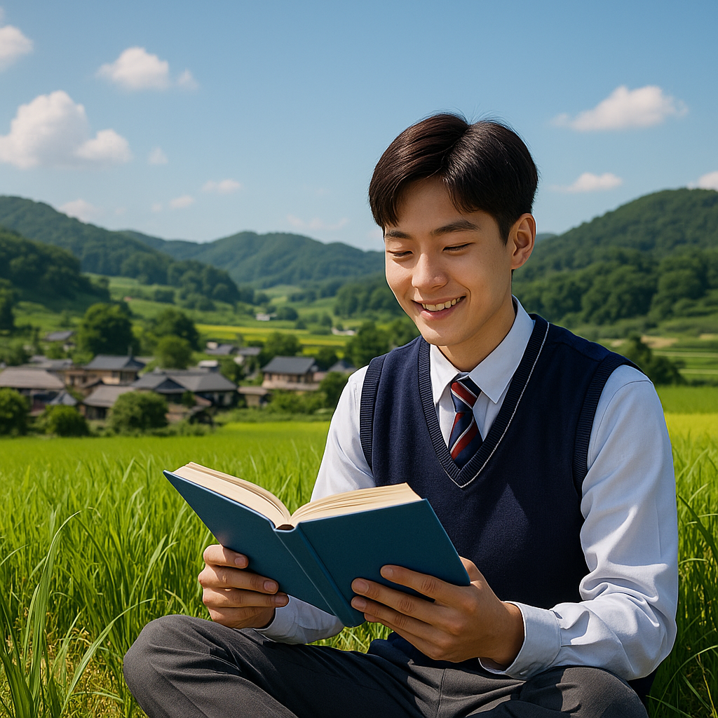 푸른 들판을 배경으로 책을 읽는 고등학생