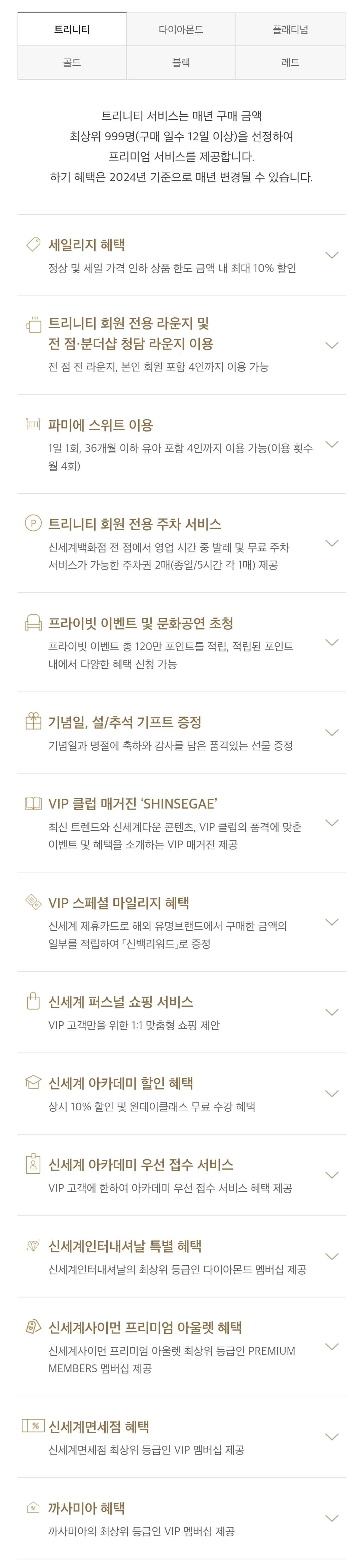 신세계백화점 2024년 VIP클럽 트리니티 등급 혜택
