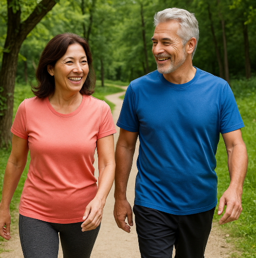 공원이나 산책로에서 운동복입고 즐겁게 걷는 중년 남녀