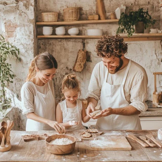 친환경 주방에서 요리하는 가족
