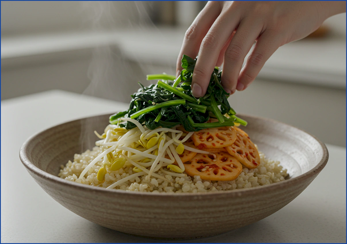 커다란 그릇에 현미밥을 담고 콩나물&amp;#44; 시금치&amp;#44; 도라지 나물을 듬뿍 올리는 나물 비빔밥 준비 과정.