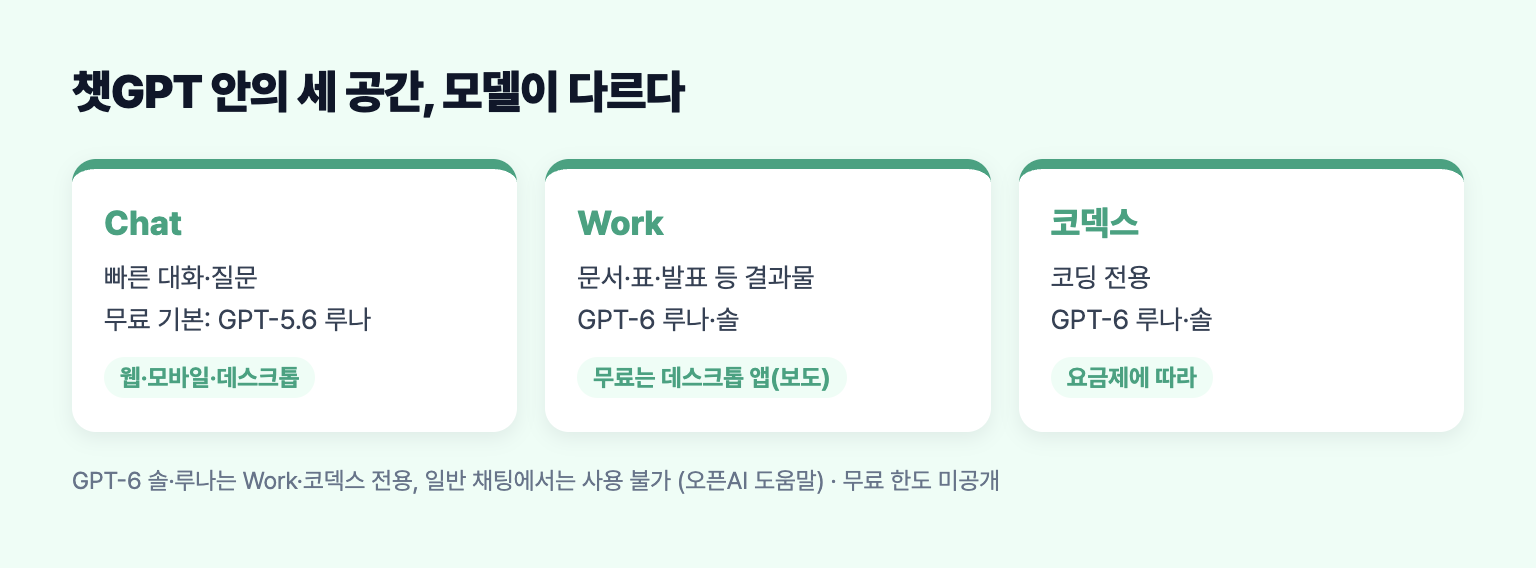 챗GPT의 Chat과 Work, 코덱스에서 쓰는 모델 차이를 정리한 도식