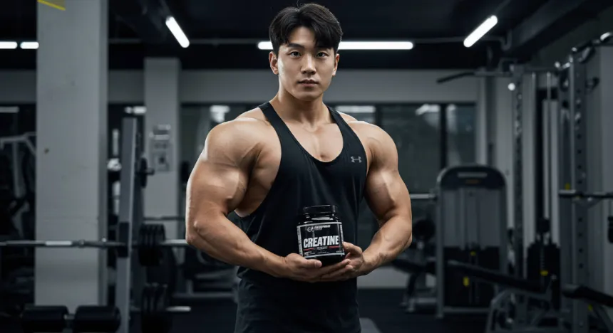 헬스장에서 크레아틴 보충제를 들고있는 남자 이미지