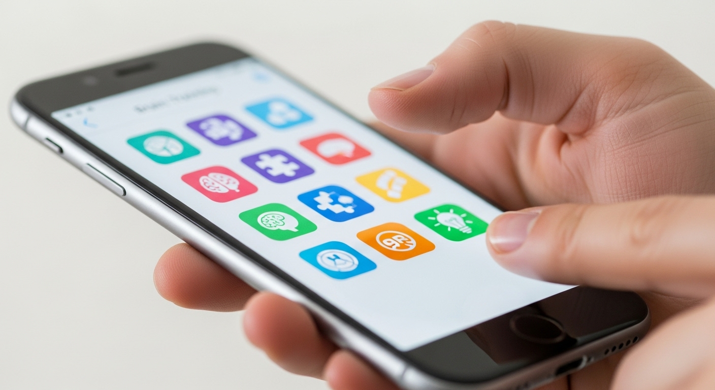 스마트폰 화면의 다양한 두뇌 훈련 어플 중 하나를 신중하게 고르는 모습