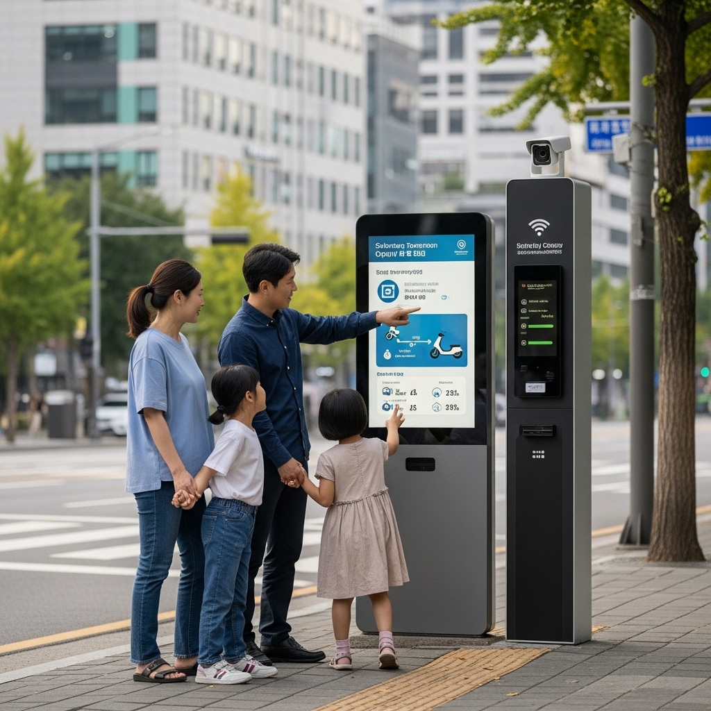 a Korean family interacting with a smart city information kiosk that displays