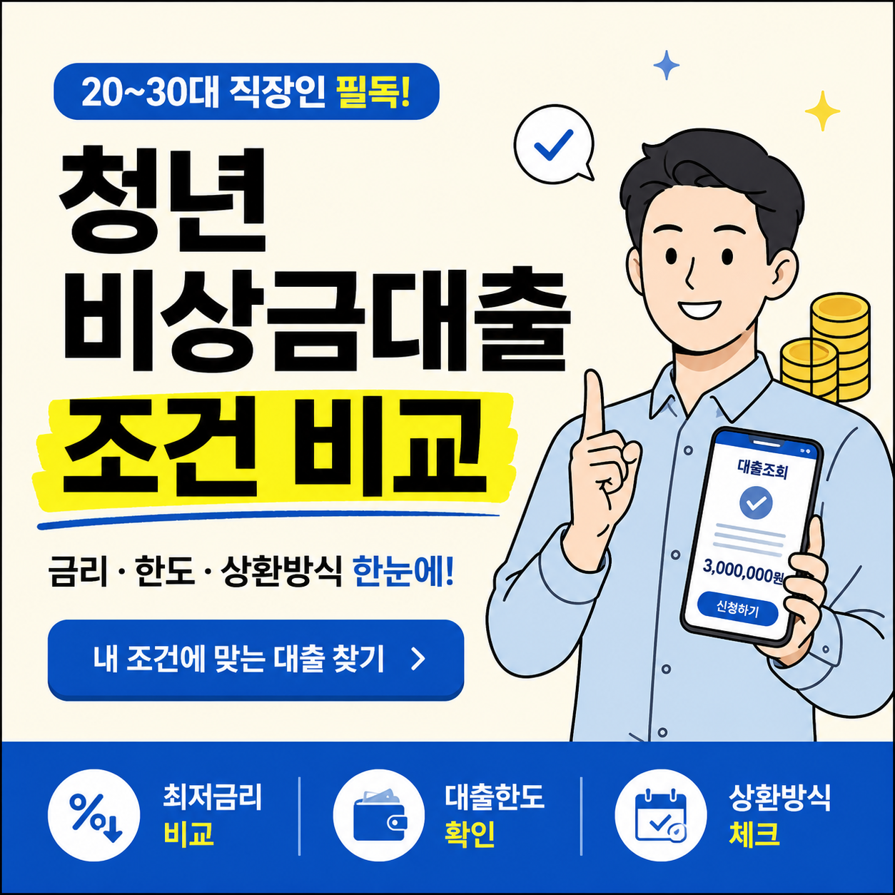 청년 비상금대출 조건 비교를 주제로 금리, 한도, 상환방식을 한눈에 확인하고 내 조건에 맞는 대출을 찾자는 내용을 담은 금융 정보 썸네일 이미지