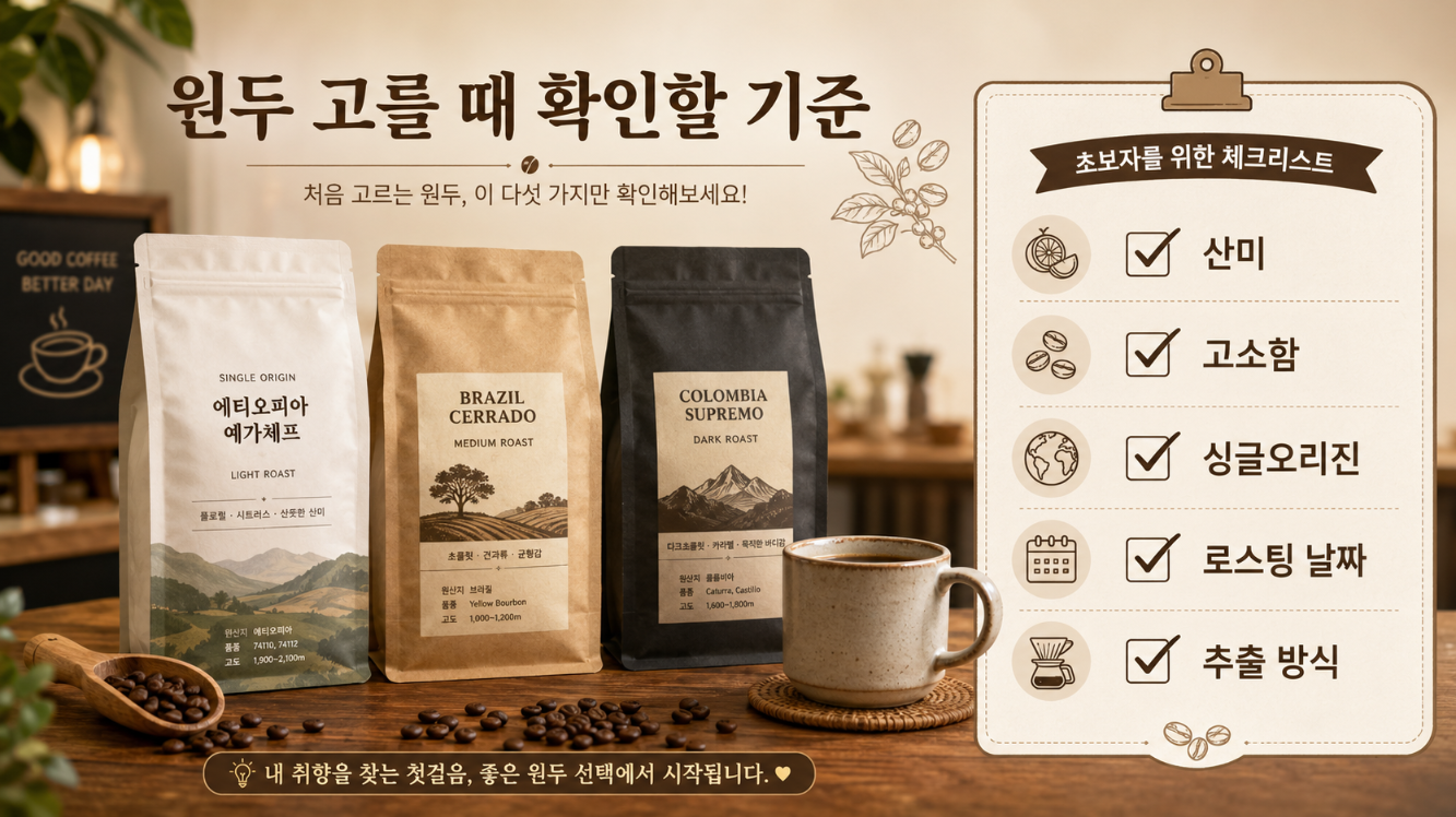 스페셜티 커피 원두를 고를 때 산미, 고소함, 싱글오리진, 로스팅 날짜, 추출 방식을 확인하는 이미지