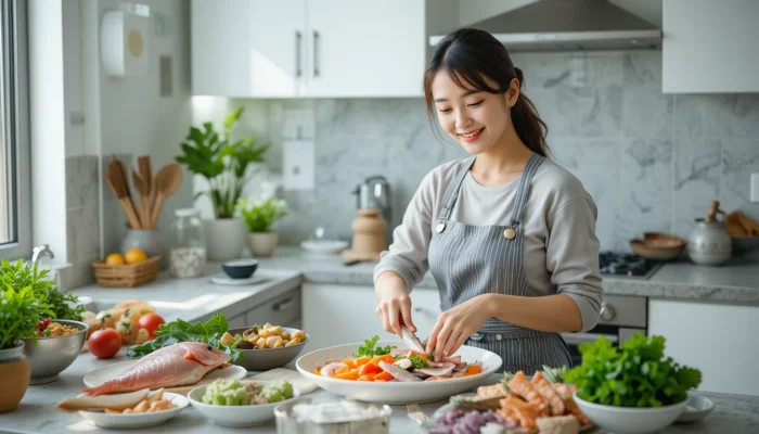 해산물로 건강한 식단을 준비하는 여성