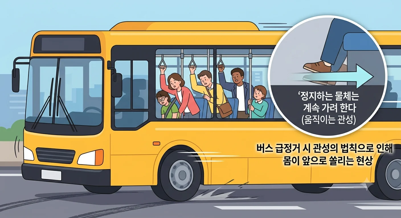 버스 급정거 시 관성의 법칙으로 인해 몸이 앞으로 쏠리는 현상