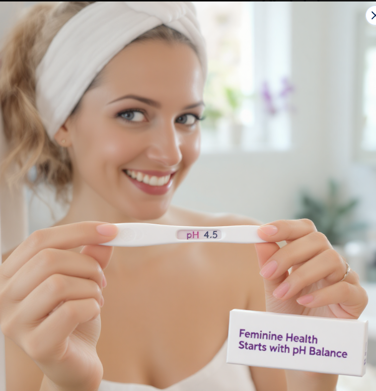 여성이 PH4.5을 보여주며 웃는 모습