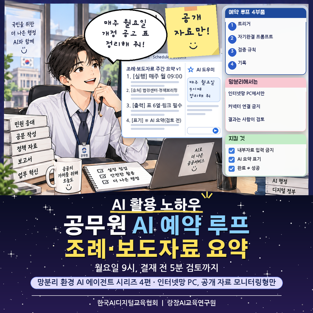 지자체 공직자를 위한 AI 예약 루프 만들기 대표 이미지 &mdash; 조례 개정 공고&middot;상급기관 보도자료 주간 요약을 세 AI 서비스의 예약 작업으로, AI 강사 강성희