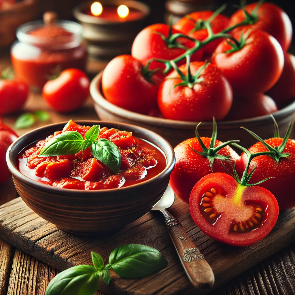 신선한 토마토와 토마토 스튜(수프) 이미지