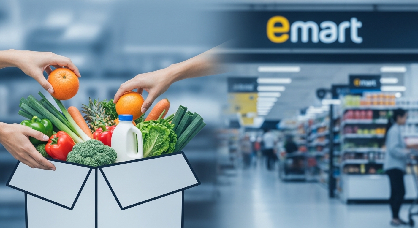 새벽에 배송된 신선한 식료품이 담긴 상자를 여는 손, 배경에는 대형마트 진열대가 보이는 편리한 온라인 쇼핑 이미지