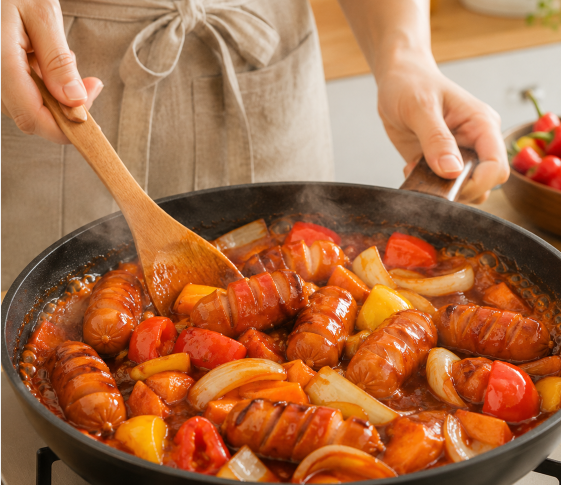 진하고 붉은 소스가 벌어진 소시지 칼집 사이사이로 부드럽게 스며들며 재료 전체를 반짝반짝하게 코팅해 주는 먹음직스러운 모습