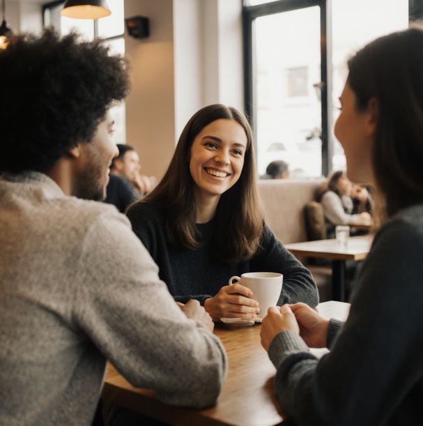 카페나 편안한 공간에서 세 명의 사람들이 진솔하게 대화를 나누고 있는 모습