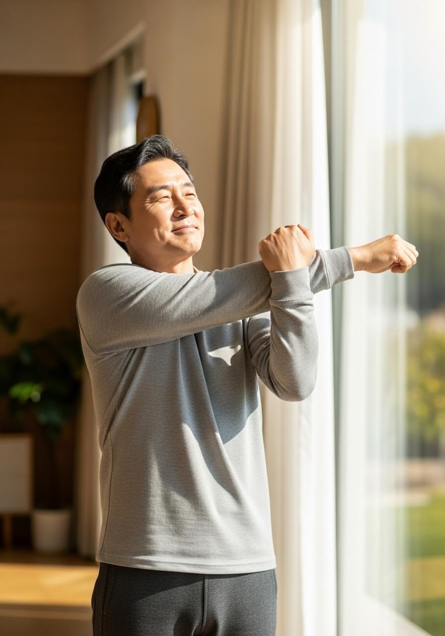 아침 햇살 아래 스트레칭하며 활력을 찾는 중년 남성의 모습
