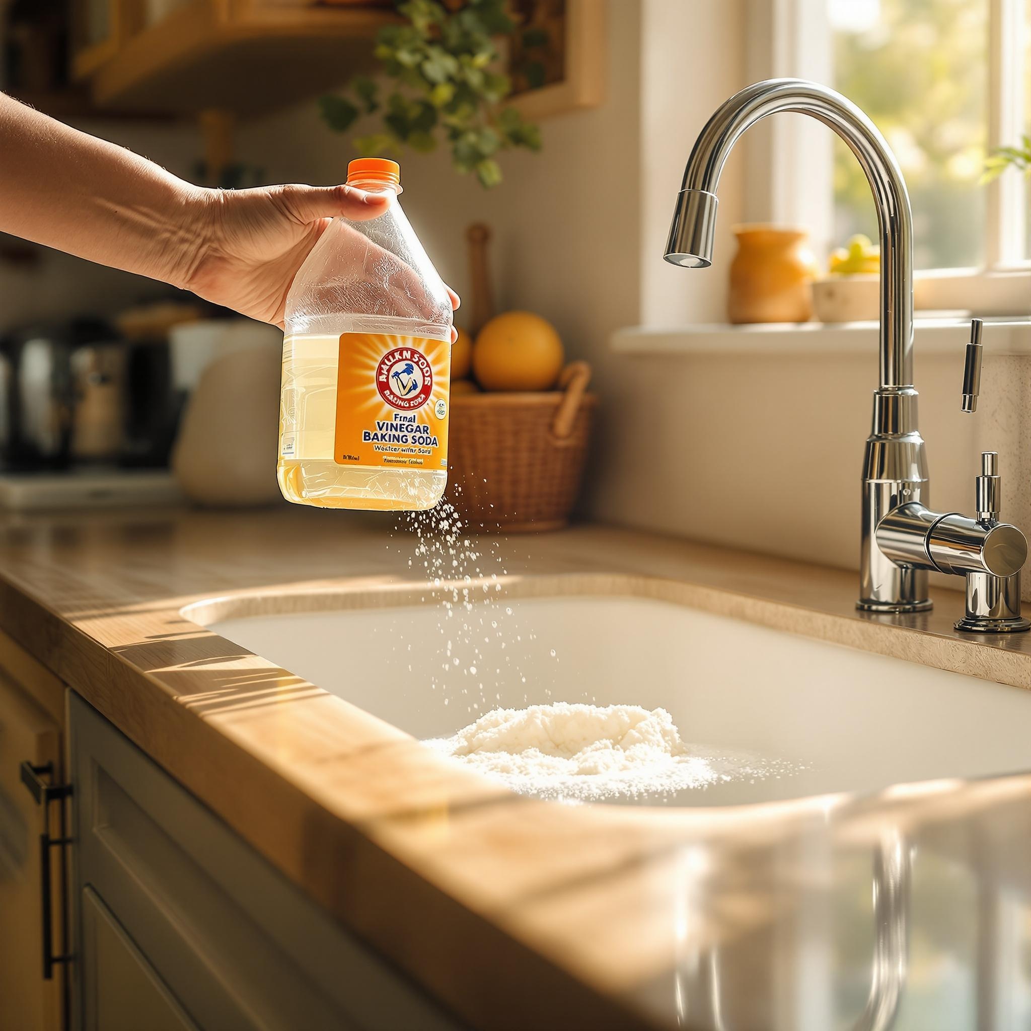 식초와 베이킹소다로 싱크대를 청소하는 모습